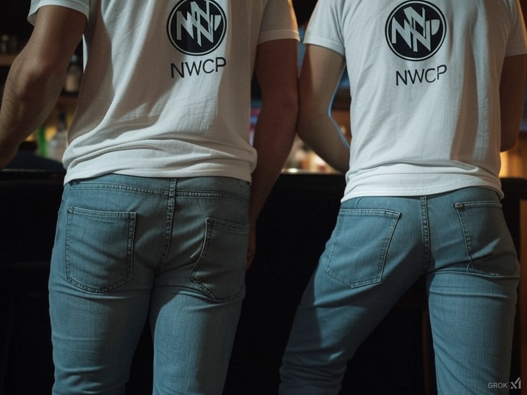 Two men standing at the bar wearing tshirts with the NWCP logo