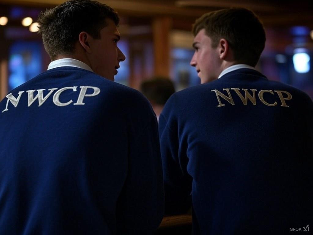 Two men wearing sweaters with the NWCP logo on the back